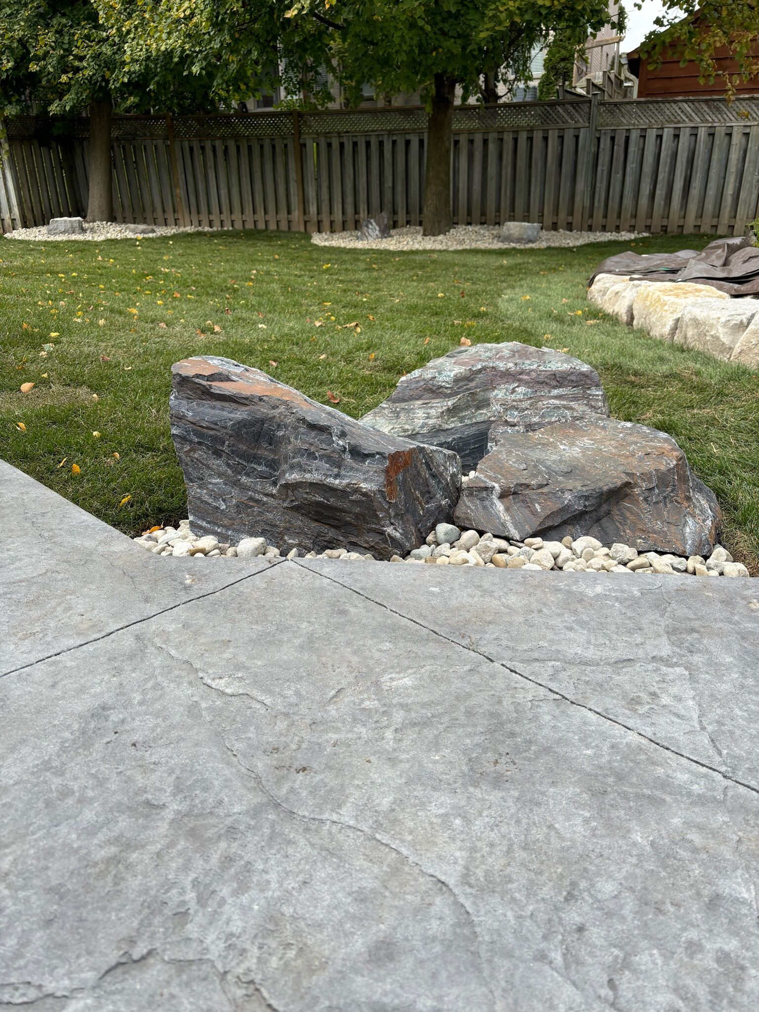 A concrete walkway leading to a lush green lawn with a wooden fence in the background.
