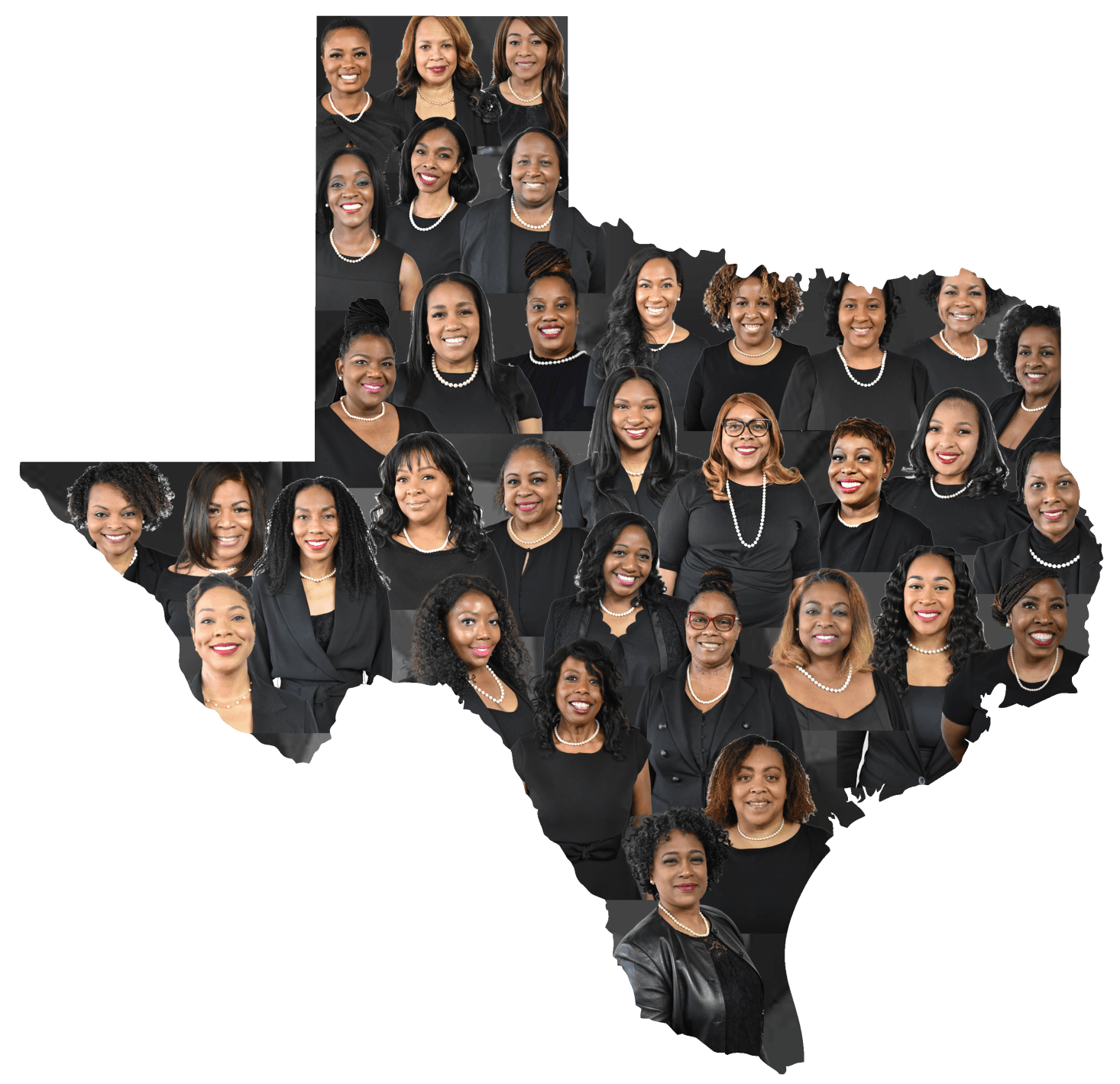 Women's faces arranged in a Texas outline. All wearing black, smiling, and looking at the camera.