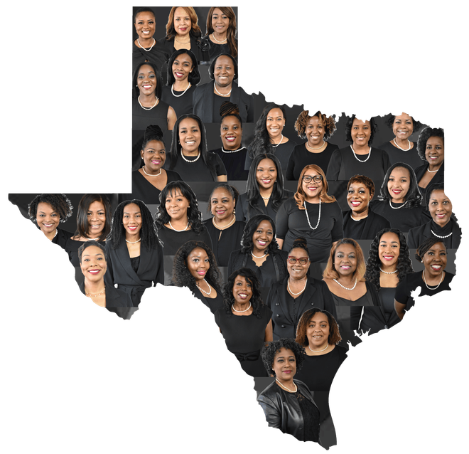 Women's faces arranged in a Texas outline. All wearing black, smiling, and looking at the camera.