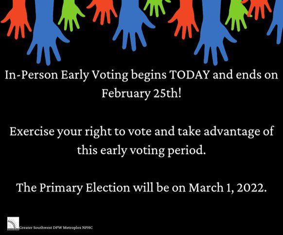 Announcement of in-person early voting, ending February 25th. Primary Election on March 1, 2022. Hands in blue, green, and red.