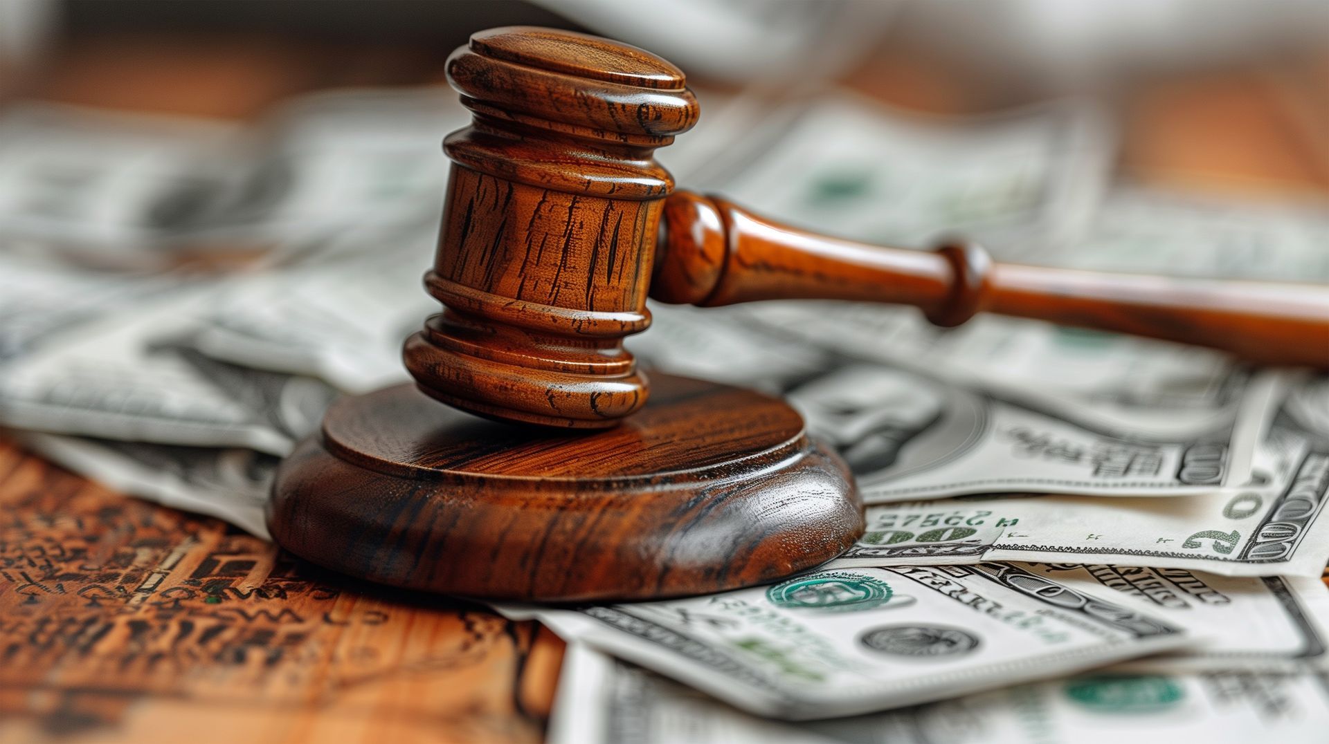 Wooden judge gavel resting on U.S. dollar bills symbolizing bankruptcy. Wooden judge gavel resting on U.S. dollar bills symbolizing bankruptcy.