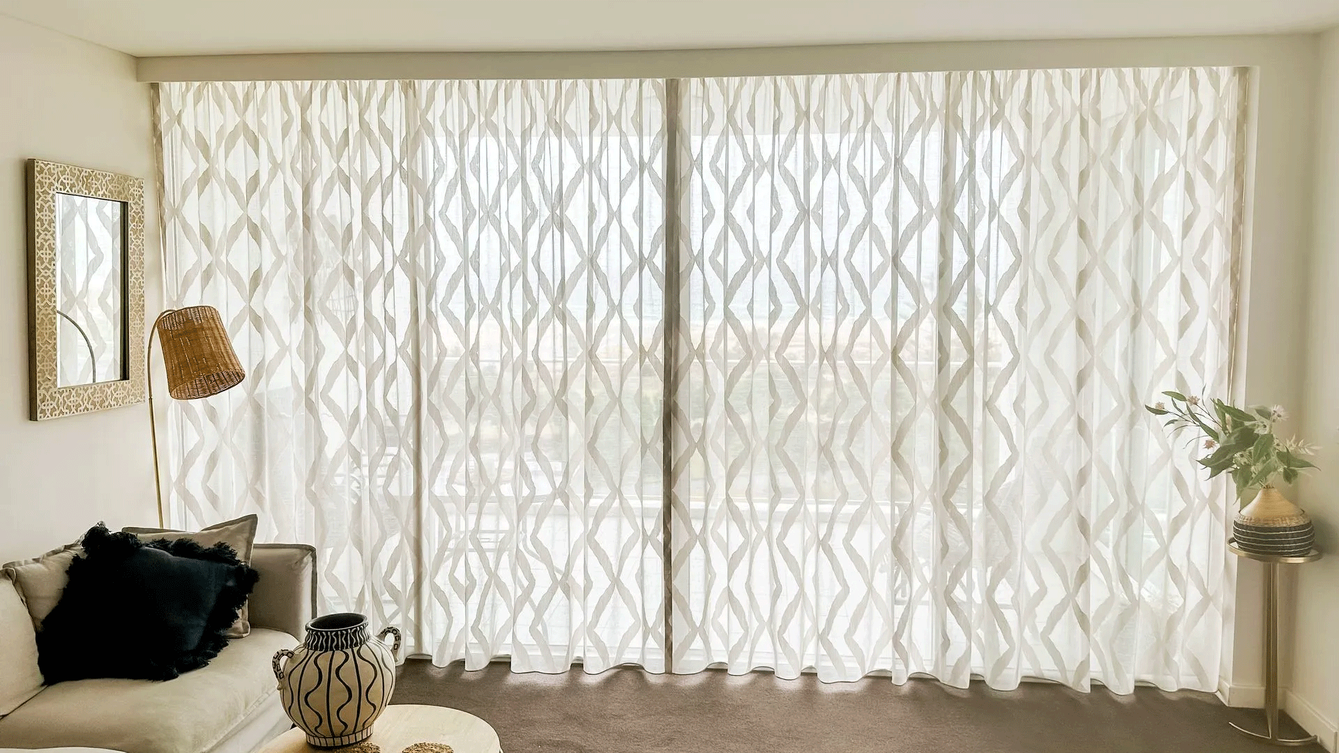 Living Room With Sliding Glass Doors And White Curtains — Creative Curtains & Blinds In Tweed Heads South, NSW