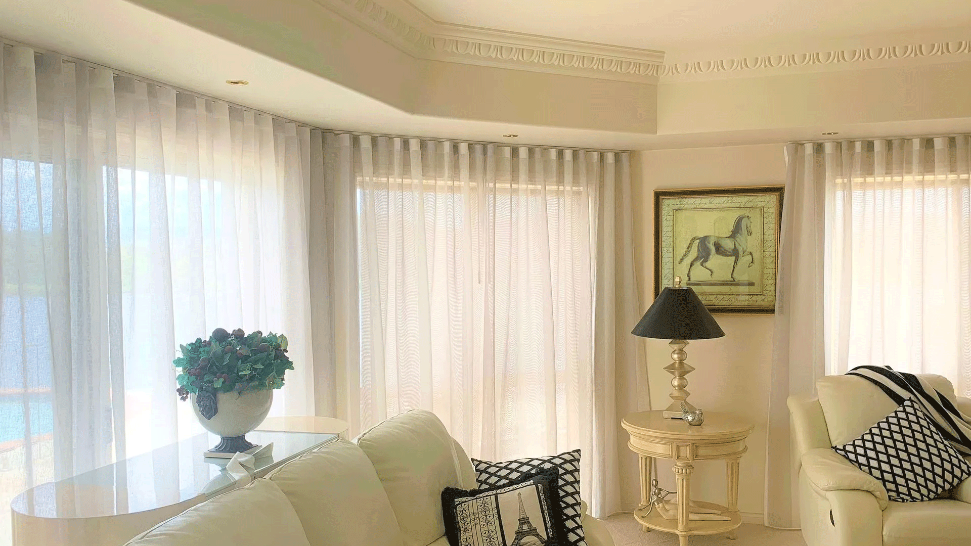 Living Room With A Couch, Table, Lamp And Curtains — Creative Curtains & Blinds In Tweed Heads South, NSW