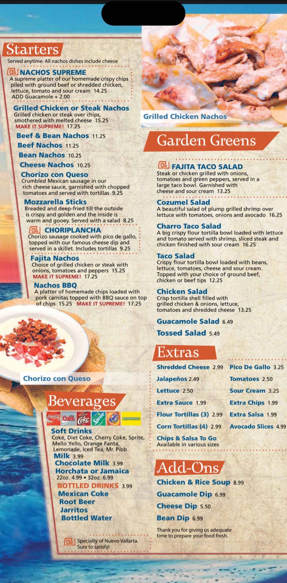 Nuevo Vallarta 2 appetizer menu - nachos supremos grilled chicken starters Flint Mexican restaurant