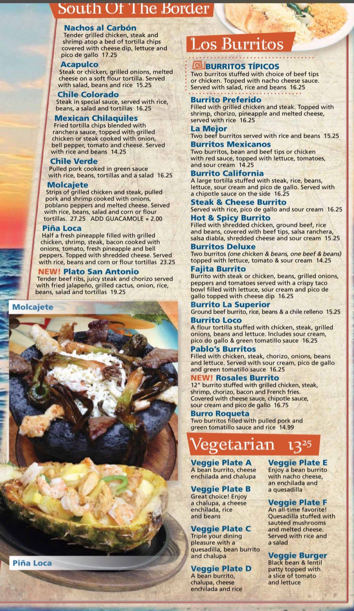 Nuevo Vallarta 2 entree menu - molcajete burritos fajitas authentic Mexican dishes Flint Michigan