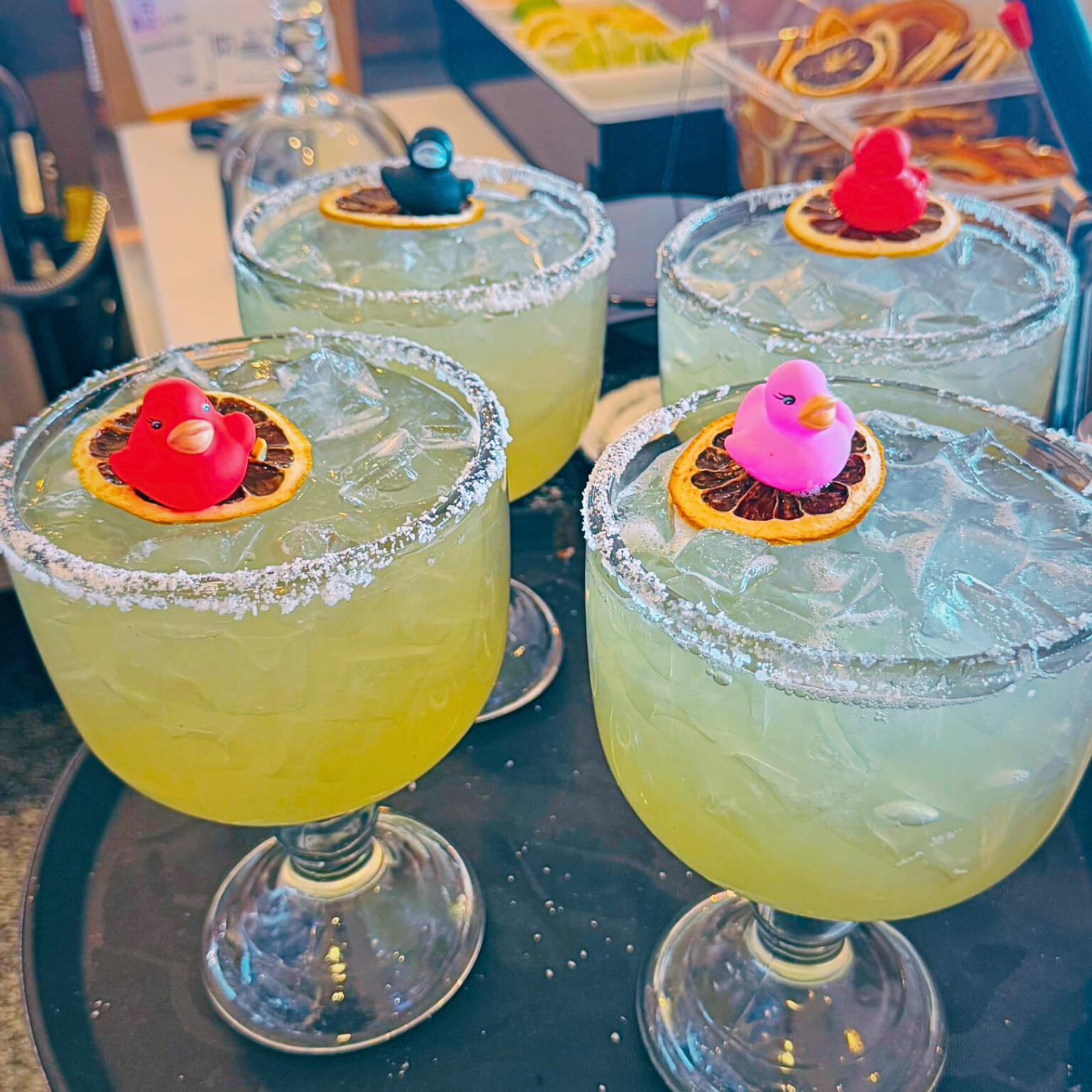 Nuevo Vallarta 2 signature margaritas with rubber duck garnish - premium Mexican cocktails Flint Michigan