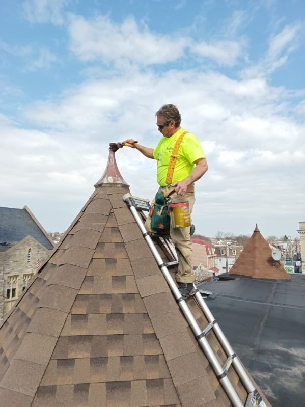 A man is standing on a ladder on top of a roof.