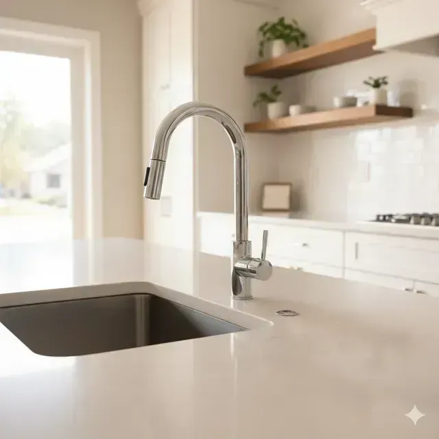 Modern kitchen with stainless steel faucet over a sink. White countertop, floating shelves with plants.