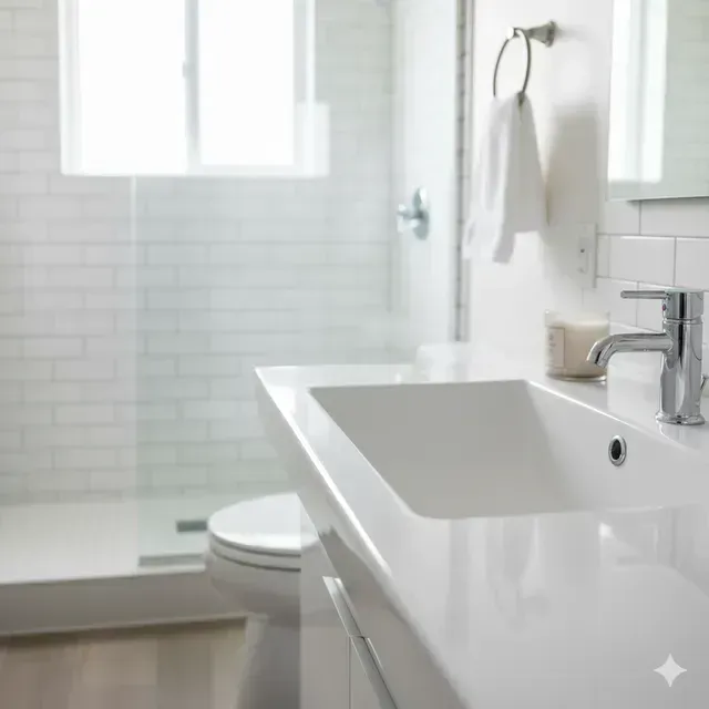 Modern white bathroom with sink, shower, and toilet.