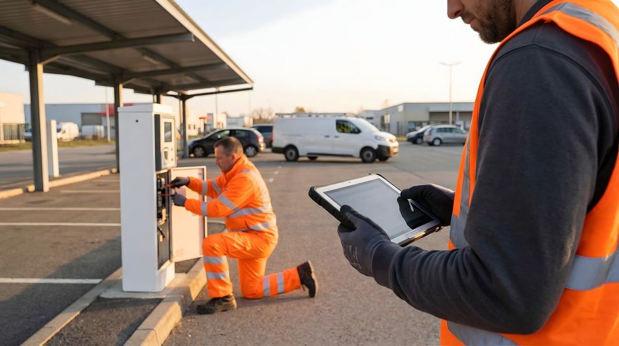 Technician kneels by charging station while another uses a tablet in an outdoor parking lot at sunset
