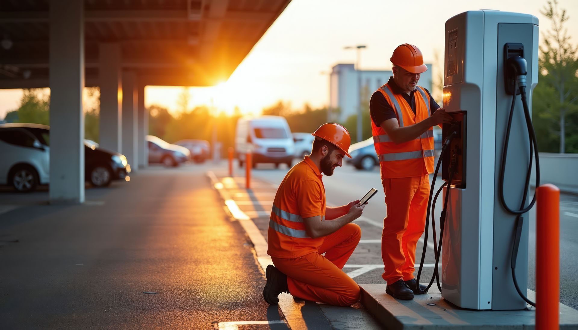 Two workers in orange safety gear install a charging station at sunset.