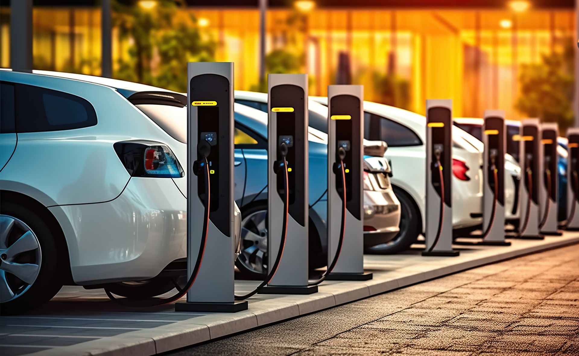 Electric cars charging at a row of public charging stations at dusk