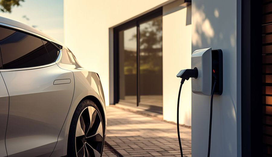 Electric car charging beside a modern home at sunset