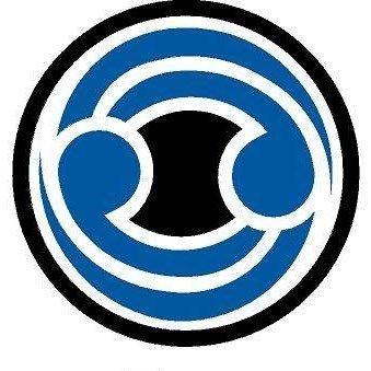 Blue and black circular logo with two curved shapes, and a black center.