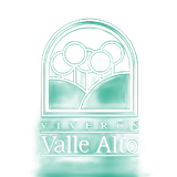 Logotipo para Viveros Valle Alto, que presenta un diseño de ventana arqueada y árboles estilizados en verde.