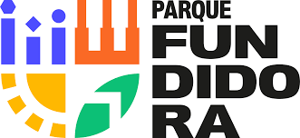 Logotipo de Parque Fúdora con formas abstractas coloridas y texto negro en negrita sobre un fondo blanco.