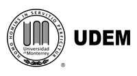Logotipo de UDEM en blanco y negro con sello circular y texto “UDEM” en negrita sobre fondo blanco.