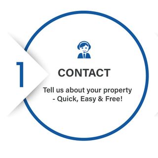 A blue circle with the words `` contact tell us about your property - quick , easy & free ! ''