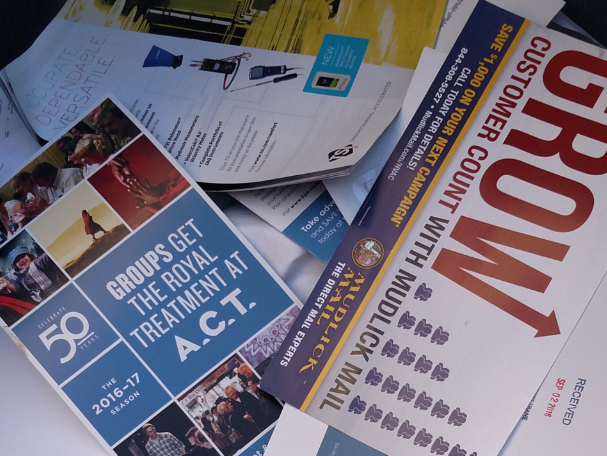 Pile of brochures, including one advertising Mudlick Mail and another for ACT with text