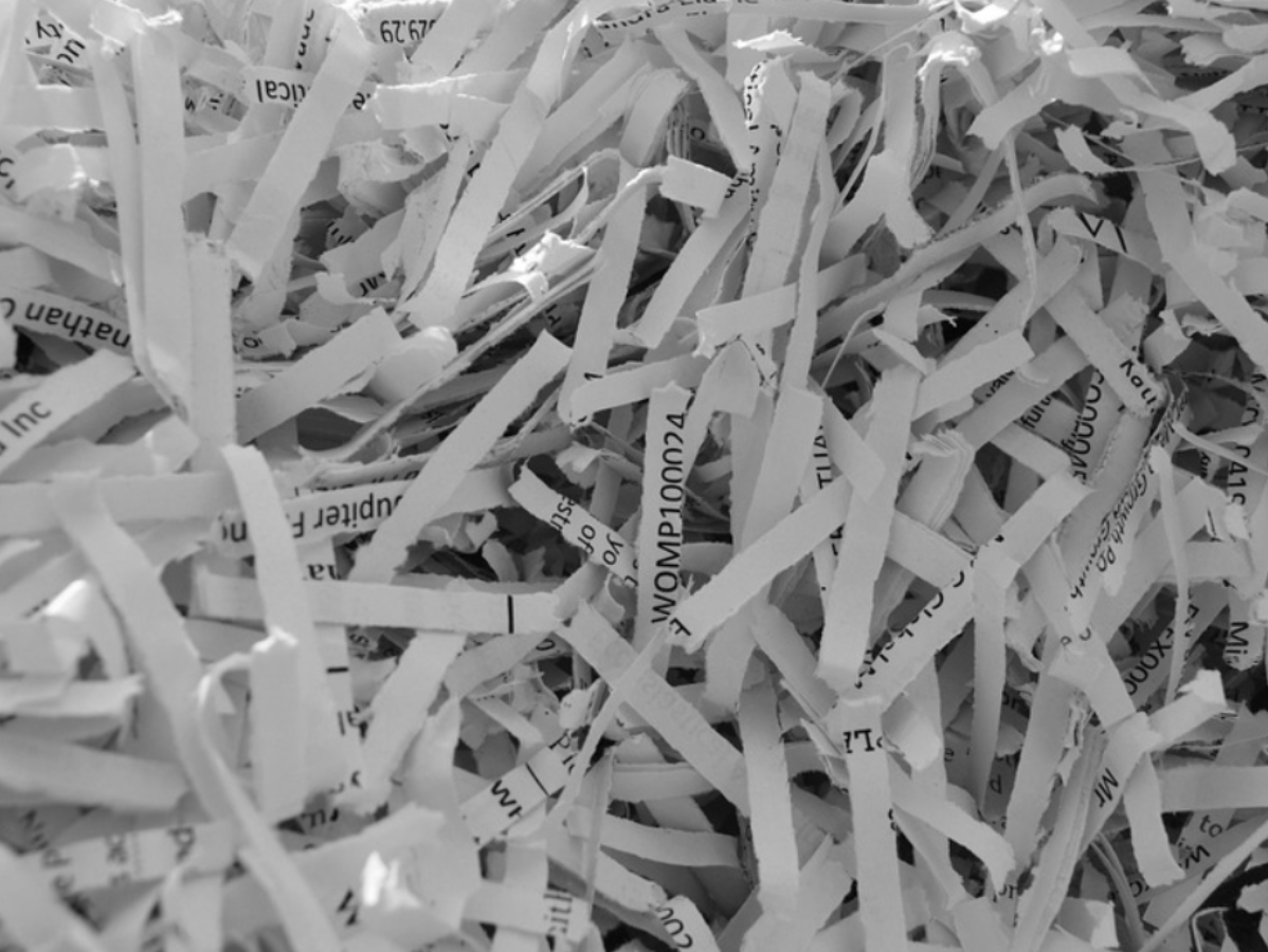 Shredded paper strips, black and white, filling the frame.
