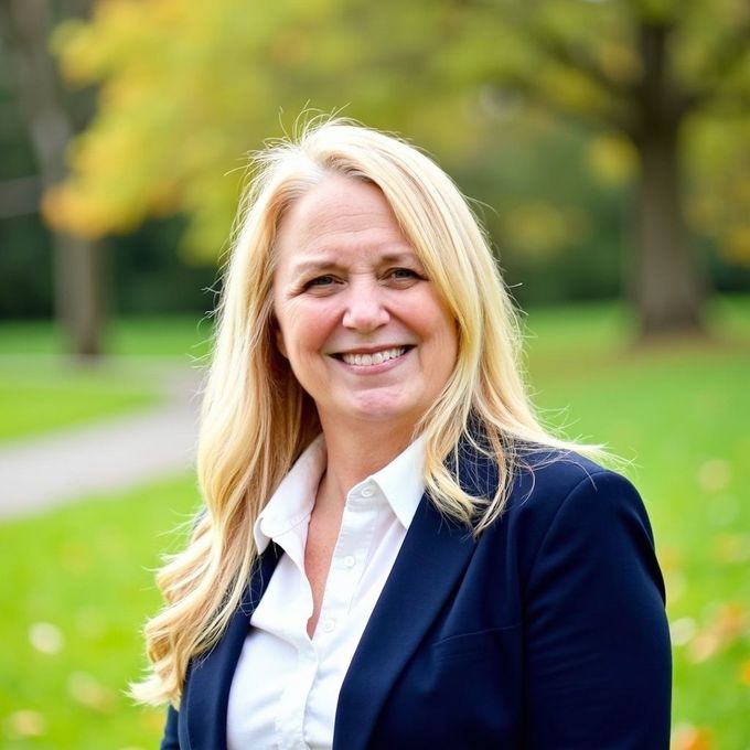 Smiling woman in a navy blazer and white shirt standing outdoors in a green park