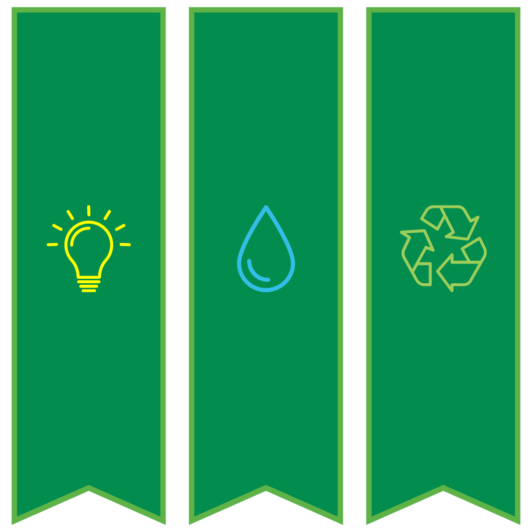 Three green banners with a light bulb , a drop of water and a recycling symbol.