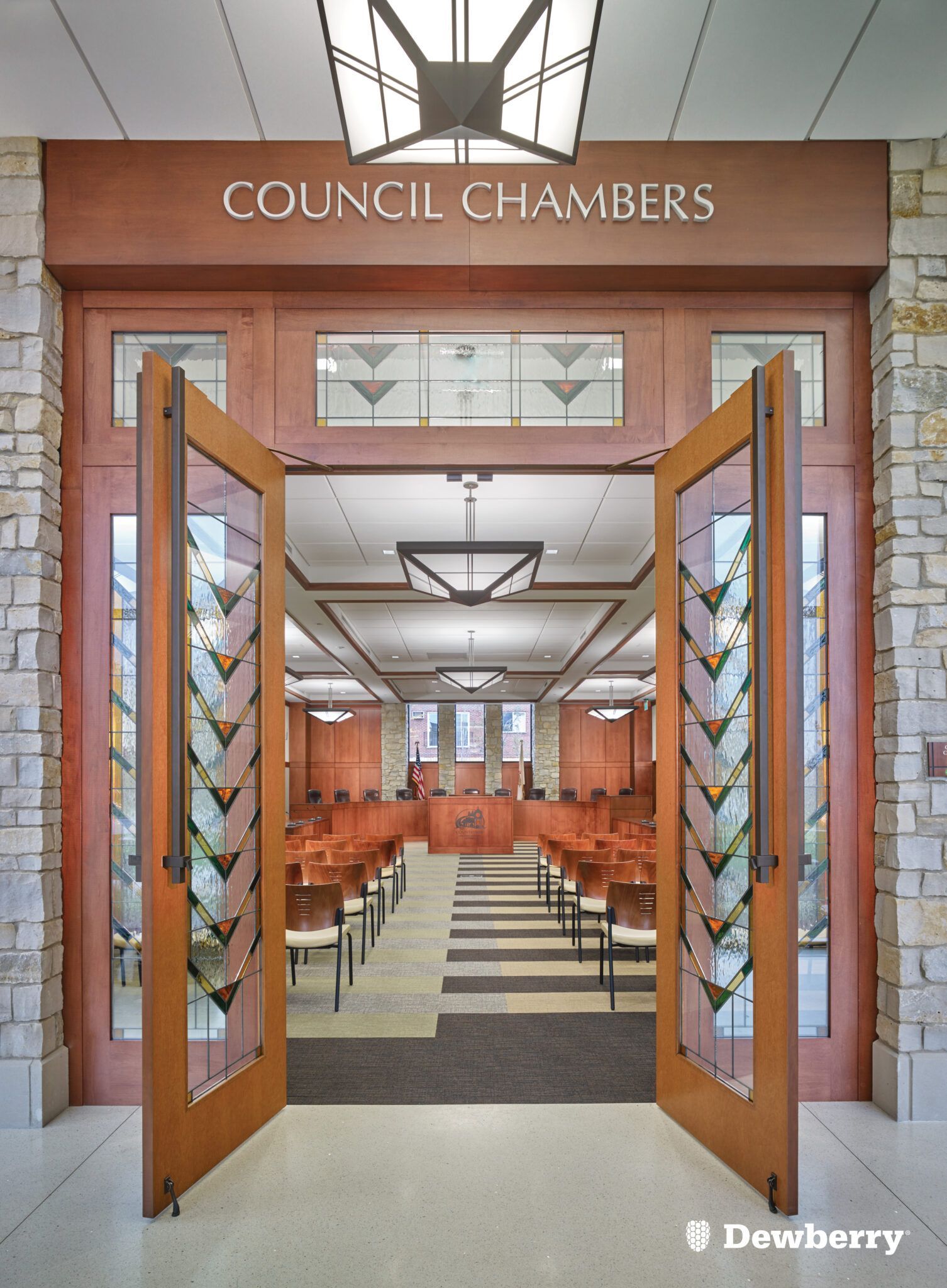 The entrance to the council chambers with the doors open