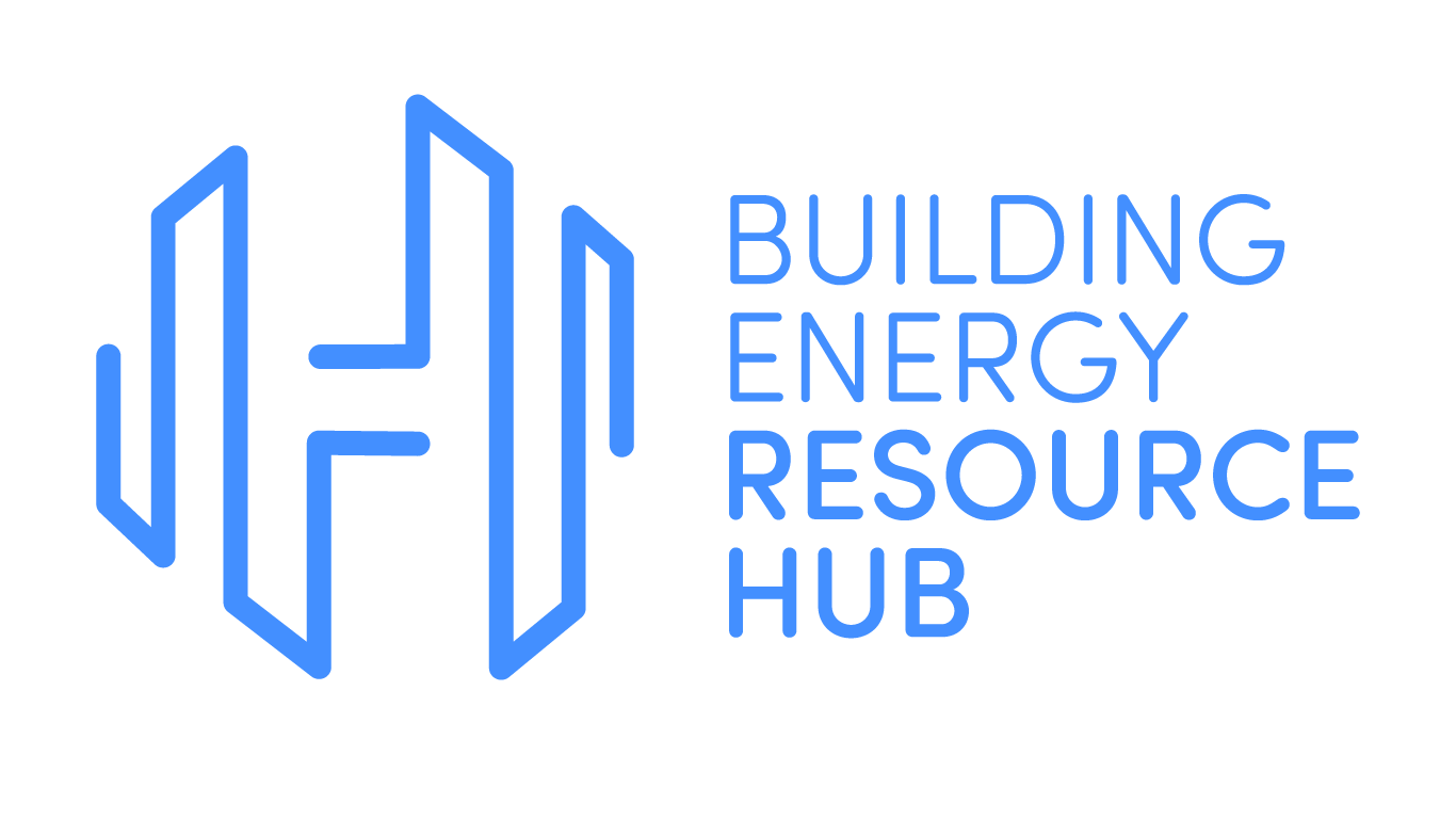 The building energy resource hub logo is blue and white.