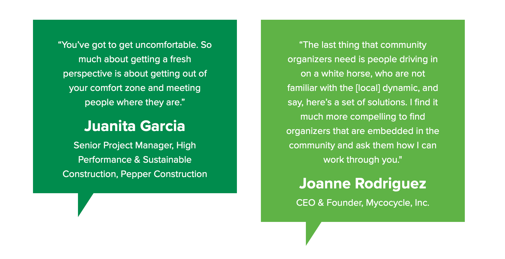 Two green speech bubbles with juanita garcia and joanne rodriguez on them.