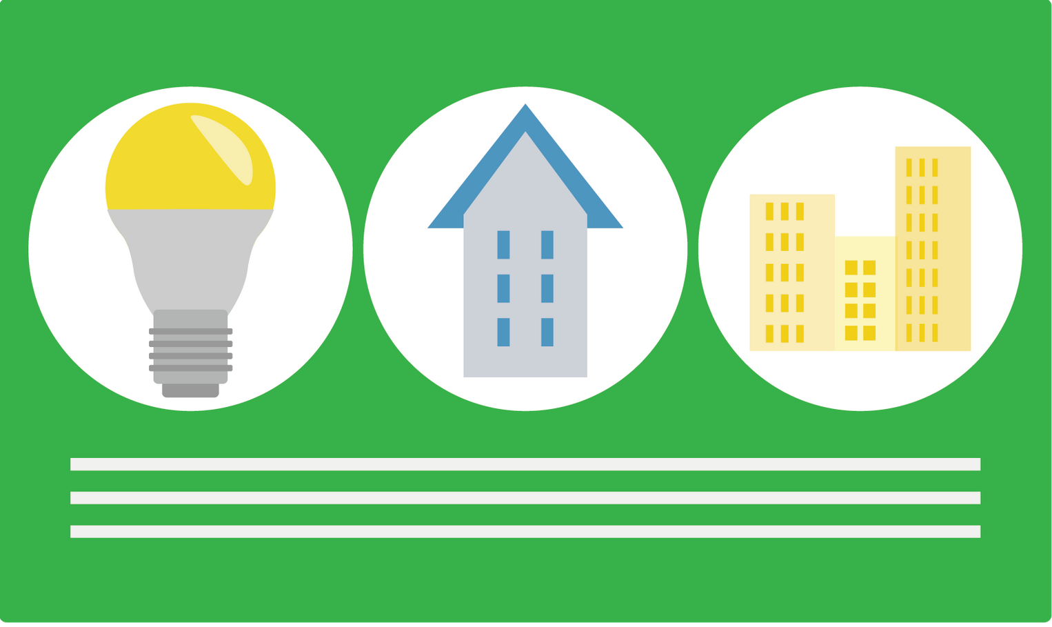 A light bulb , a house , and a building are shown on a green background.