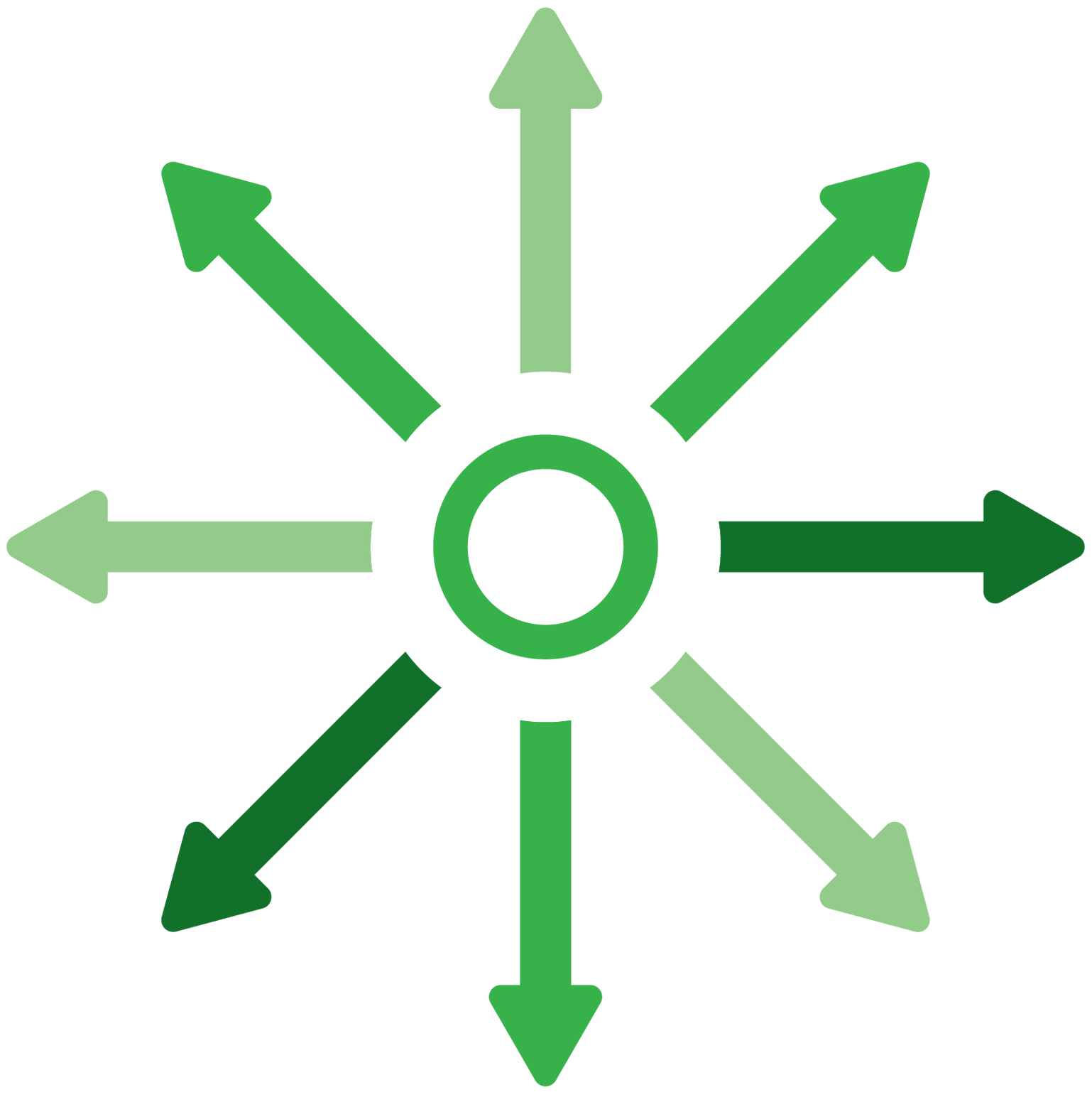 A group of green arrows pointing in different directions around a center.