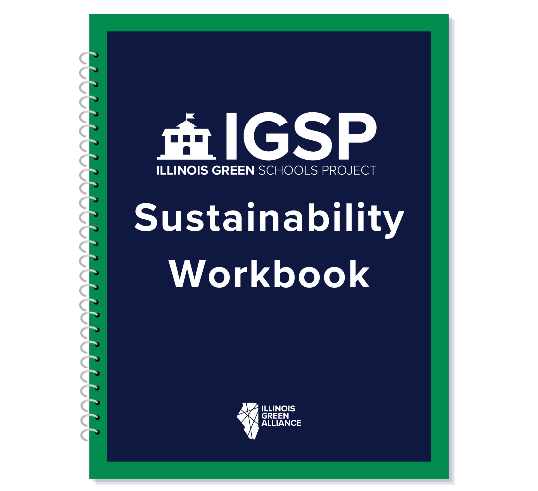 A blue and green spiral bound workbook for the illinois green schools project.