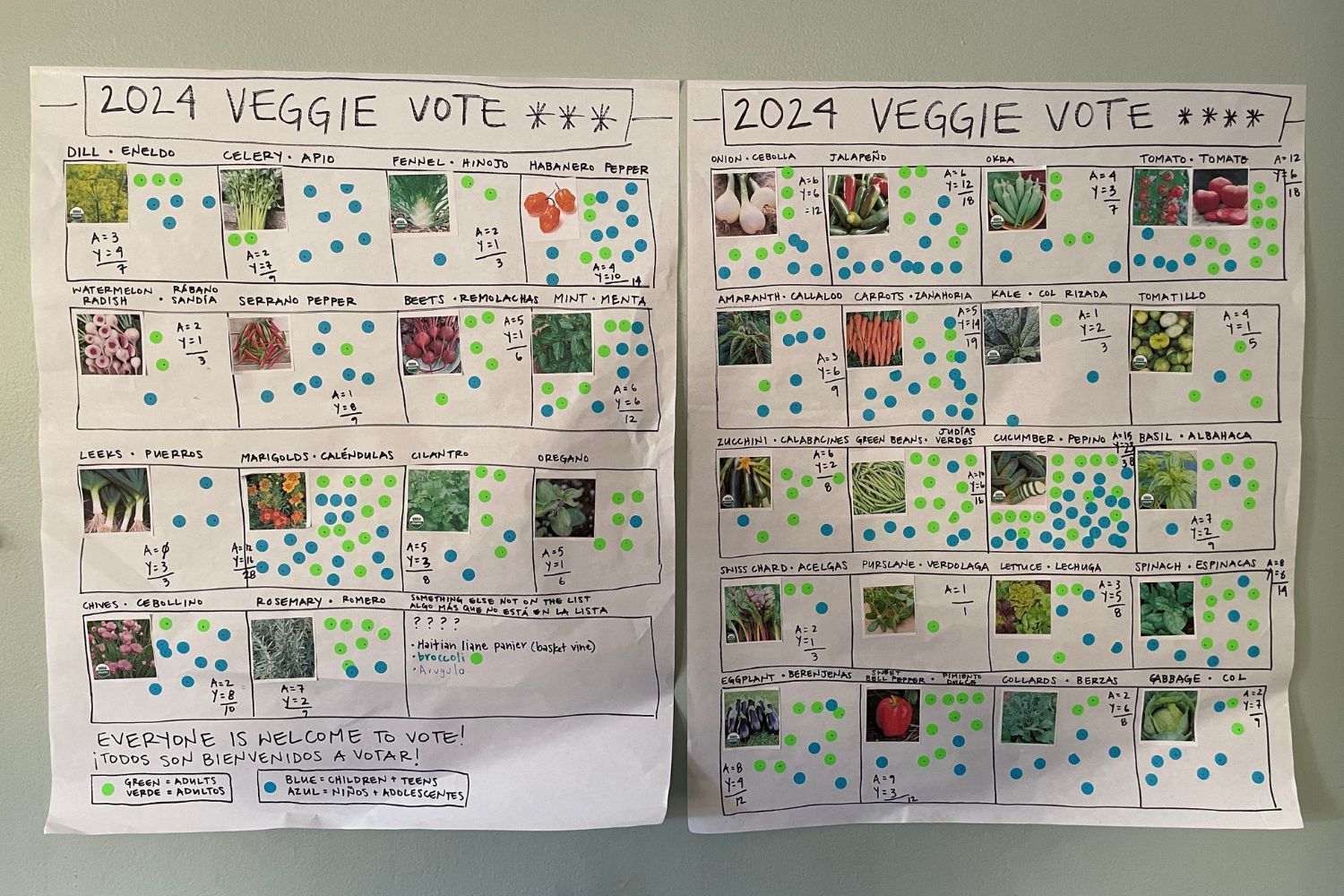 Two sheets of paper that say veggie vote on them