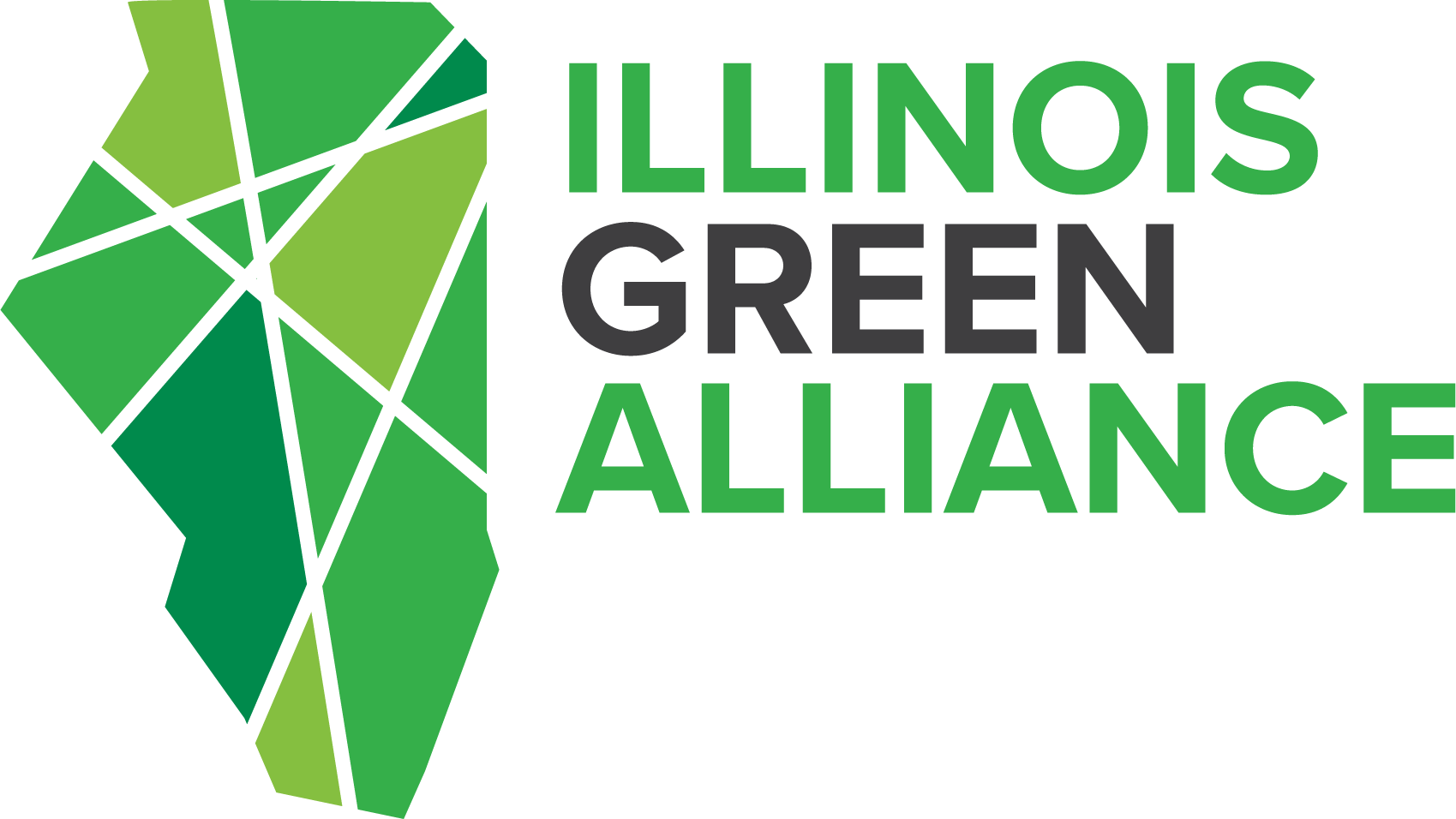 The logo for the illinois green alliance is a green map of illinois.