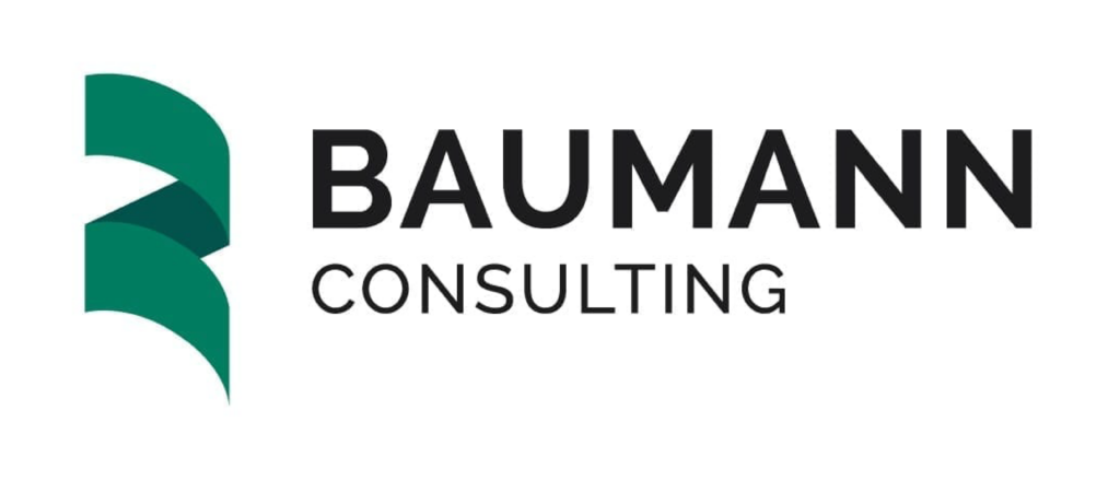 A logo for a company called baumann consulting with a green arrow.