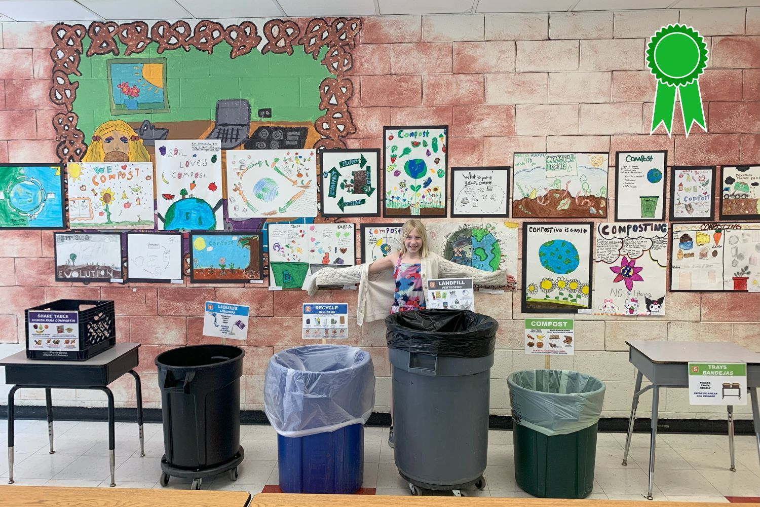A row of trash cans are lined up in front of a brick wall.
