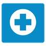 A blue square with a white cross in a circle.