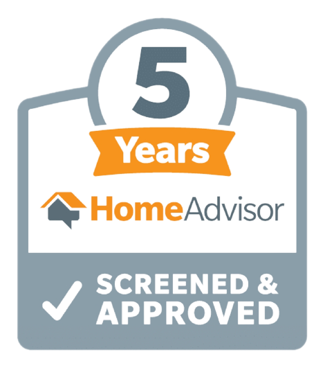 HomeAdvisor 5-Year Screened & Approved badge: gray, orange, and white, with text and a checkmark.