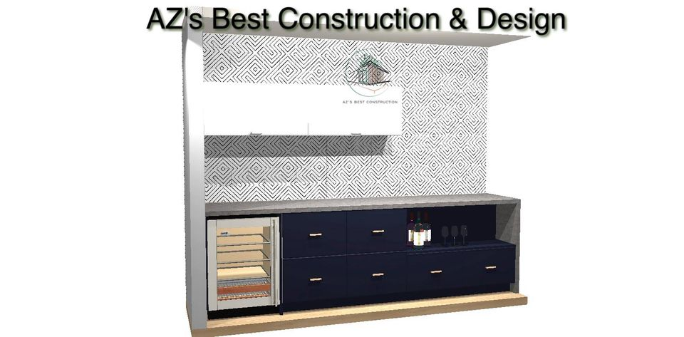 A dark blue built-in home bar with a mini fridge, drawers, and patterned backsplash.