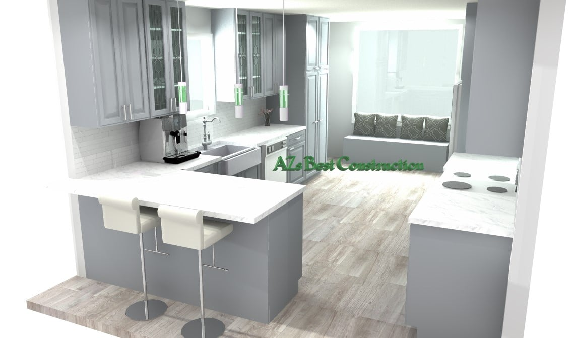 A modern kitchen design in gray and white with a breakfast bar and window seat.