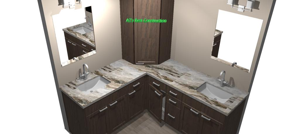 A corner bathroom vanity with two sinks, dark cabinets, and a granite countertop.