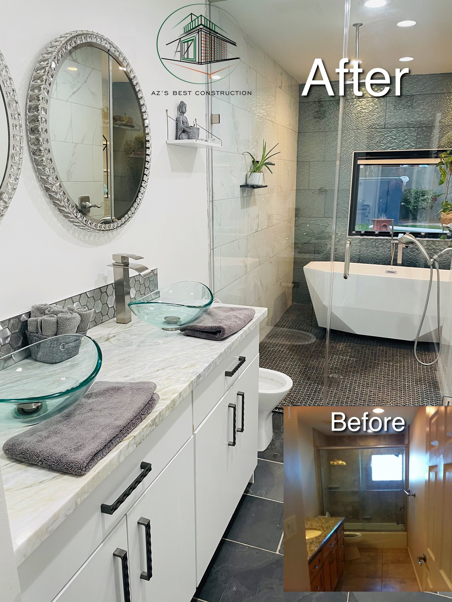Modern bathroom remodel: white vanity with glass sinks, silver-tiled wall, freestanding tub, and pebble flooring.