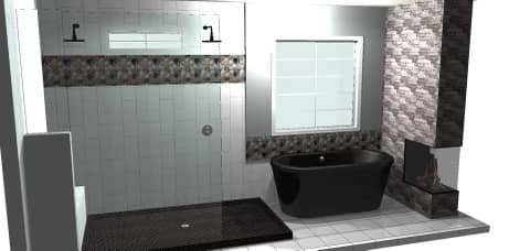 Bathroom with a black tub, shower, and stone wall.