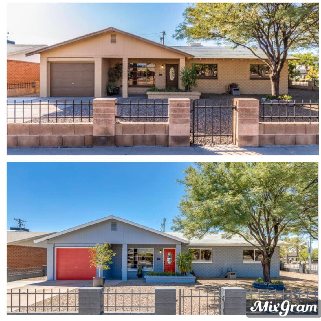 Two photos side-by-side of a house. Top: tan exterior, brown garage door. Bottom: gray exterior, red door/garage door.