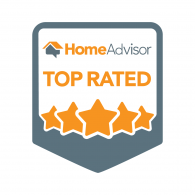 HomeAdvisor Top Rated badge with orange stars and logo on a gray background.