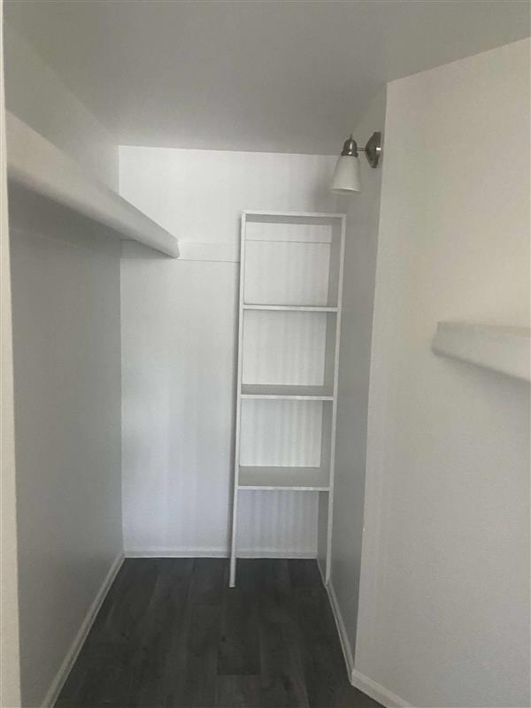 Empty, white closet with gray flooring. Includes a shelf and shelving unit; light fixture on the wall.