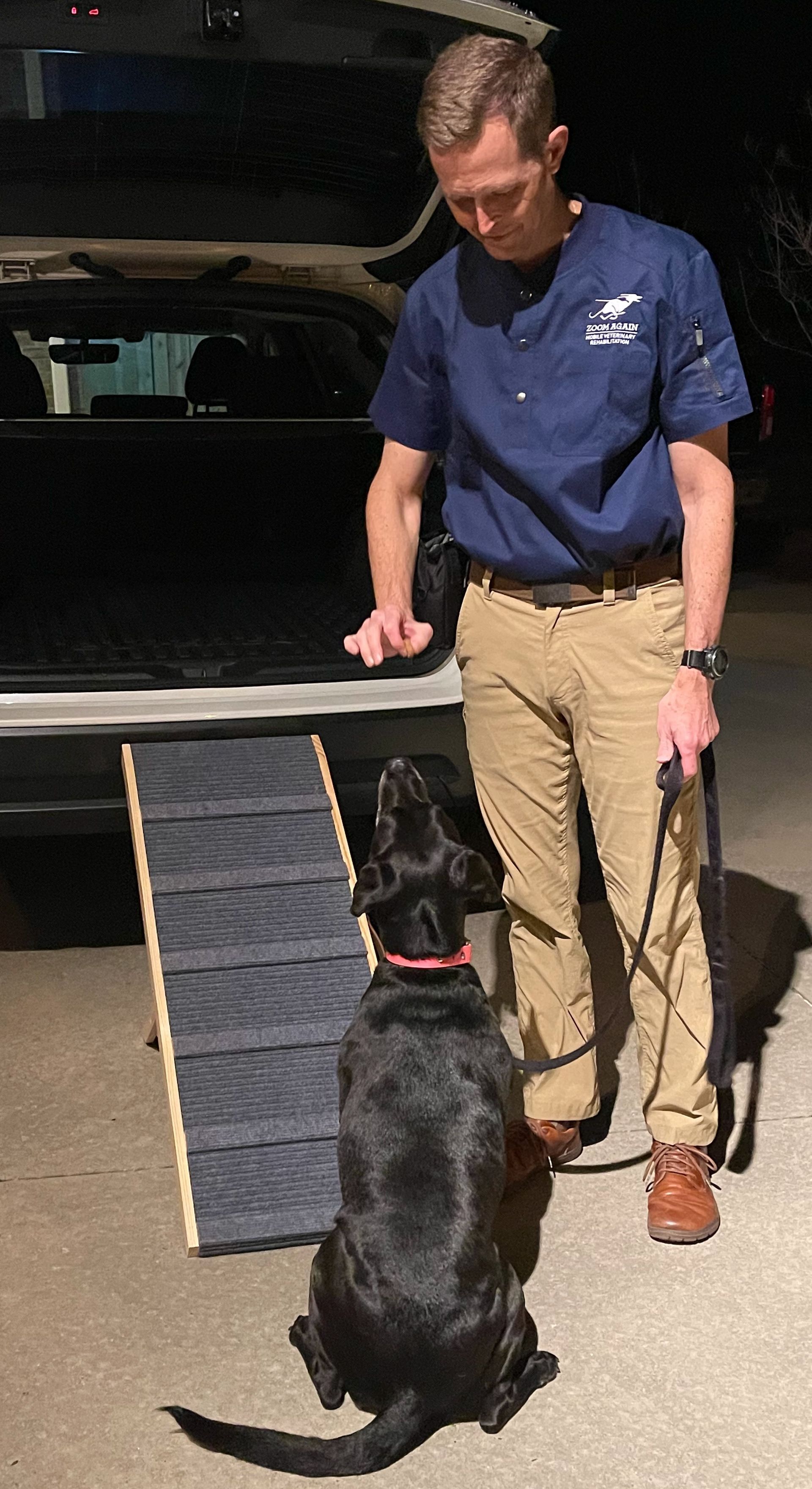 Black Lab sitting in front of ramp to a car trunk with male veterinarian standing in front of her