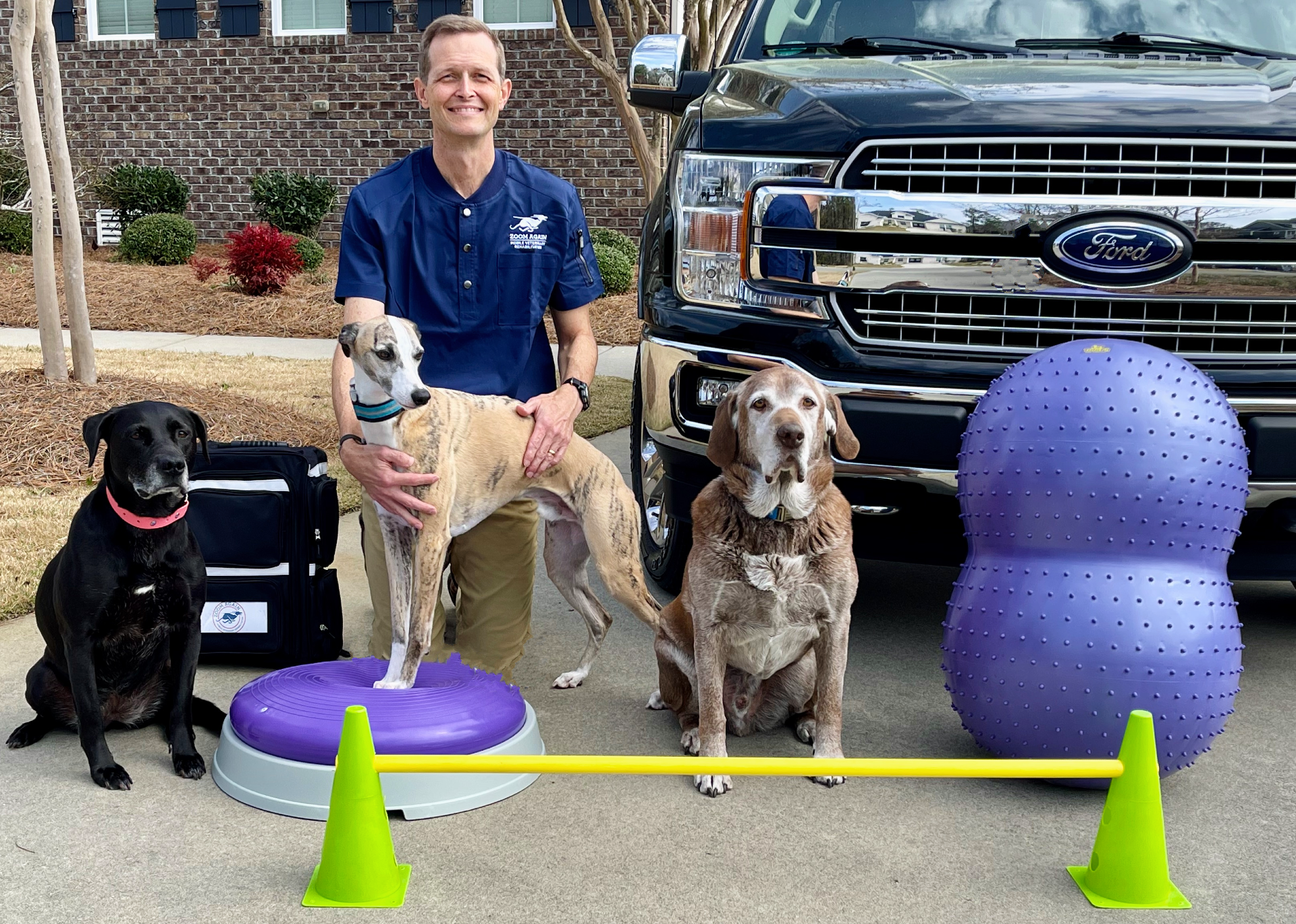 Male veterinarian with brown hair kneeling beside a black Ford truck with brown and white Whippet, brown Lab Hound Mix, and black lab mix. Purple therapy balls, green cones and cavaletti pole