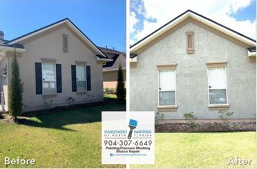 A before and after photo of a house with shutters