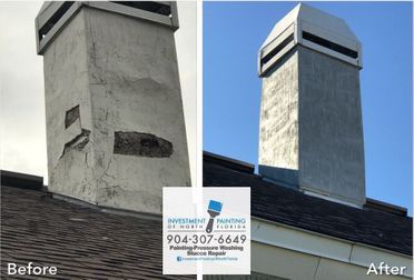 A before and after picture of a chimney on a roof